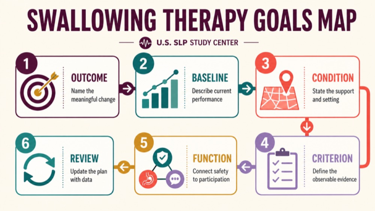 Swallowing therapy goals concept map showing the core domains and clinical questions