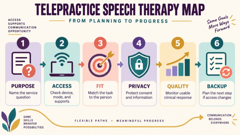 Telepractice speech therapy intervention concept map showing the core domains and clinical questions