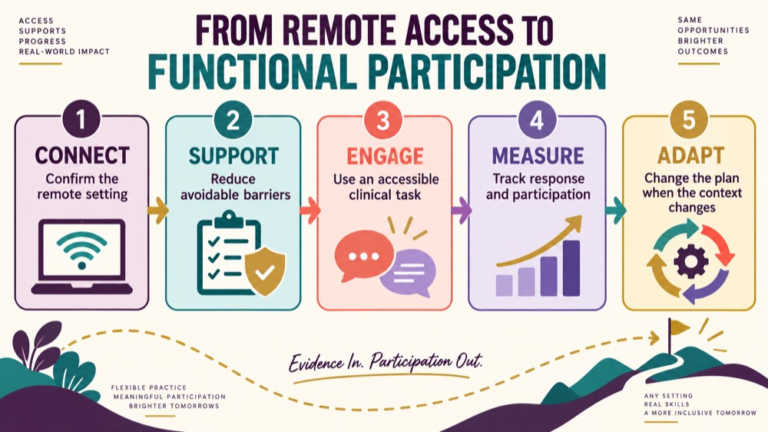 Telepractice speech therapy intervention infographic showing context, evidence, and proportionate next steps