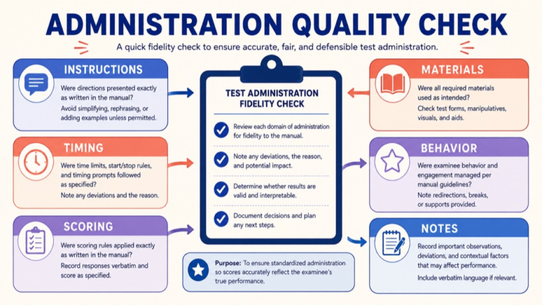 Test administration errors concept map showing the core domains and clinical questions
