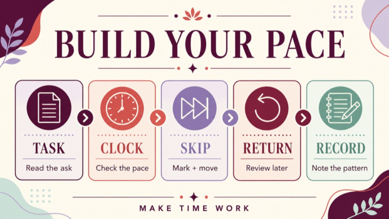 Timed SLP Praxis practice test pacing setup with checkpoints skips and review notes
