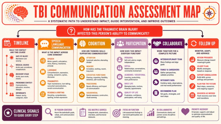 Traumatic brain injury communication assessment concept map showing the core assessment domains and clinical questions