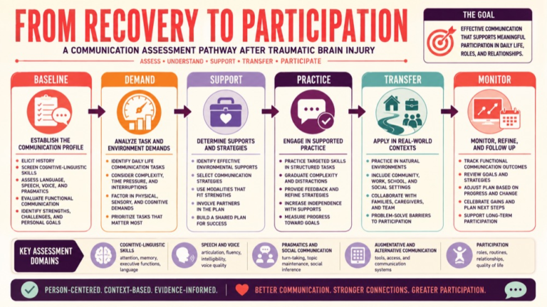 Traumatic brain injury communication assessment infographic showing context, evidence, and proportionate next steps