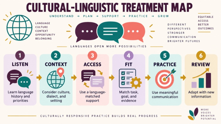 Treatment adaptations cultural linguistic concept map showing the core domains and clinical questions