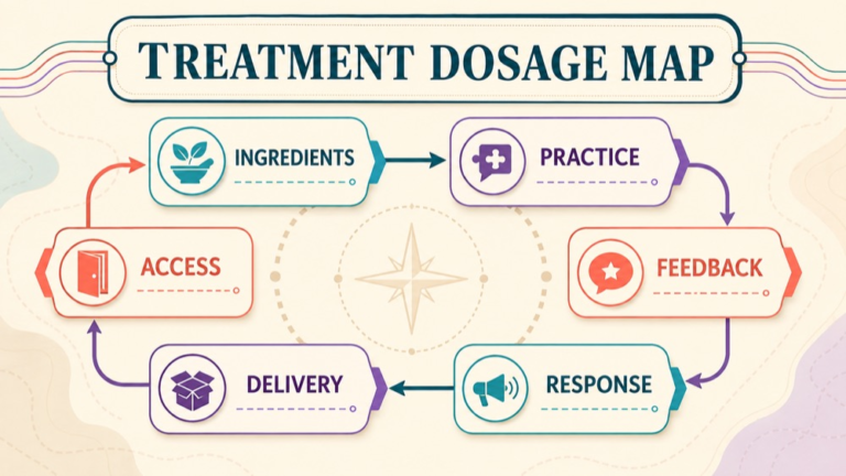 Treatment dosage speech language pathology concept map showing the core domains and clinical questions