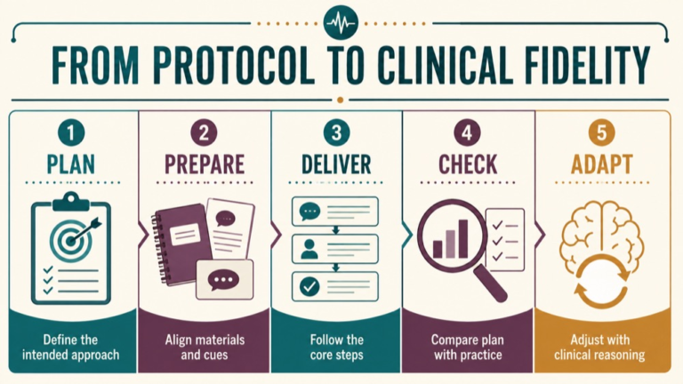 Treatment fidelity speech therapy infographic showing context, evidence, and proportionate next steps