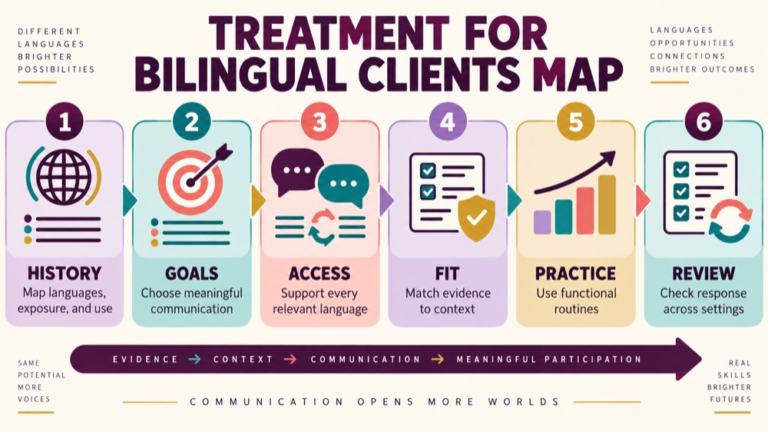 Treatment for bilingual clients concept map showing the core domains and clinical questions