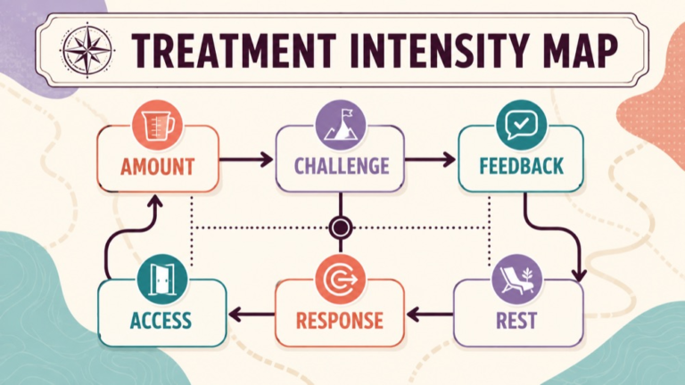 Treatment intensity speech therapy concept map showing the core domains and clinical questions
