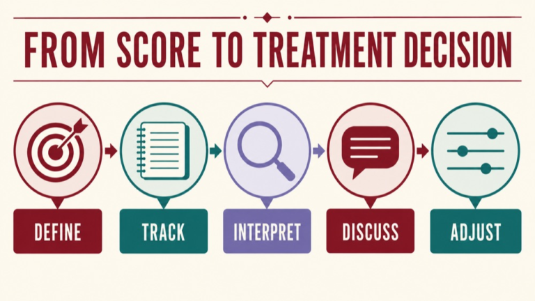 Treatment outcome measures infographic showing context, evidence, and proportionate next steps