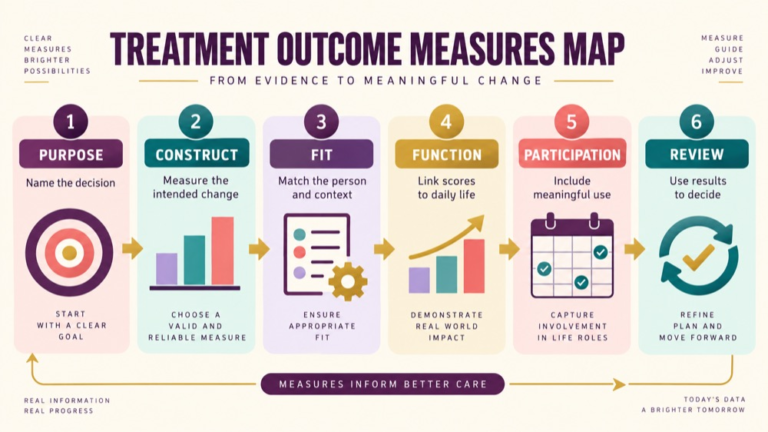 Treatment outcome measures speech pathology concept map showing the core domains and clinical questions
