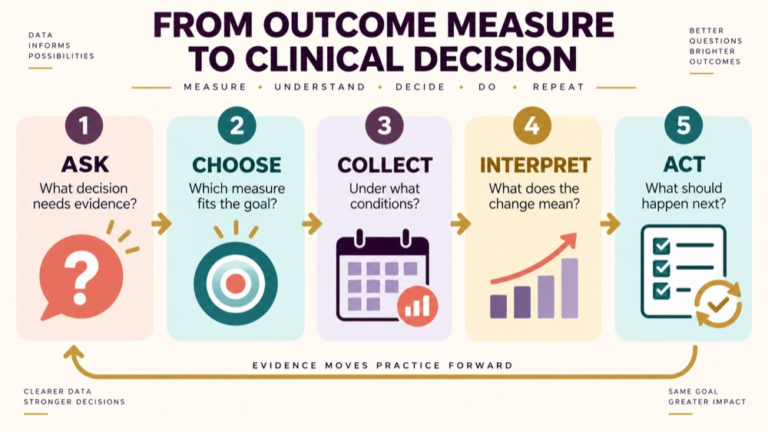 Treatment outcome measures speech pathology infographic showing context, evidence, and proportionate next steps