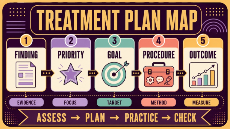 Treatment planning Praxis questions showing an assessment to goal and outcome map
