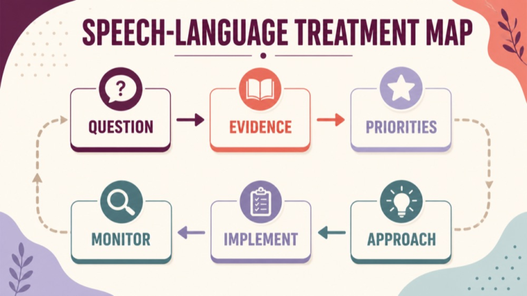 Treatment planning speech language pathology concept map showing the core domains and clinical questions