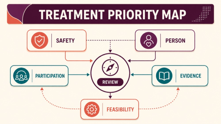 Treatment priorities speech language pathology concept map showing the core domains and clinical questions