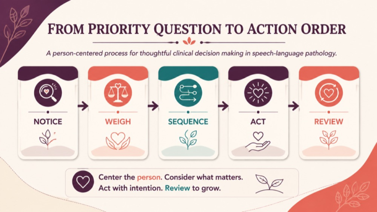 Treatment priorities speech language pathology infographic showing context, evidence, and proportionate next steps