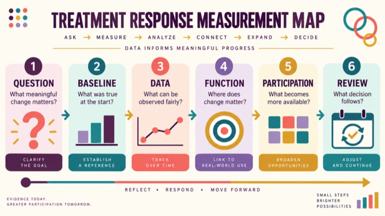 Treatment response measurement concept map showing the core domains and clinical questions