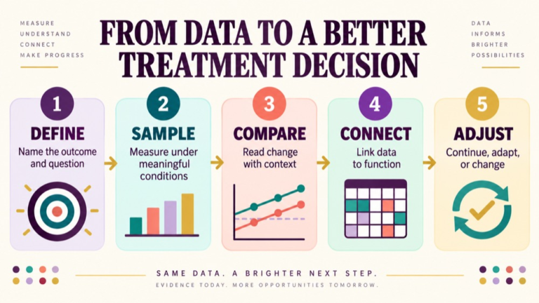 Treatment response measurement infographic showing context, evidence, and proportionate next steps