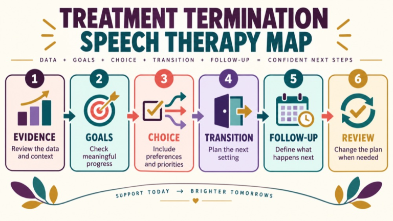Treatment termination speech therapy concept map showing the core domains and clinical questions