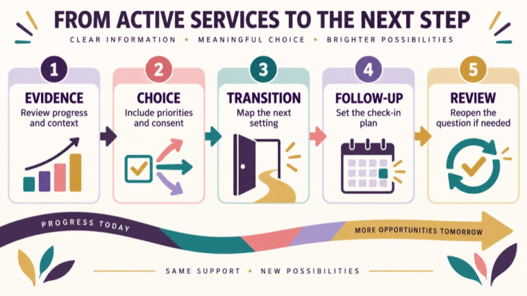 Treatment termination speech therapy infographic showing context, evidence, and proportionate next steps