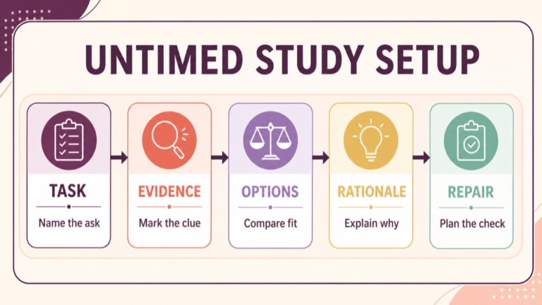 Untimed SLP Praxis practice test setup with task evidence options rationale and repair notes