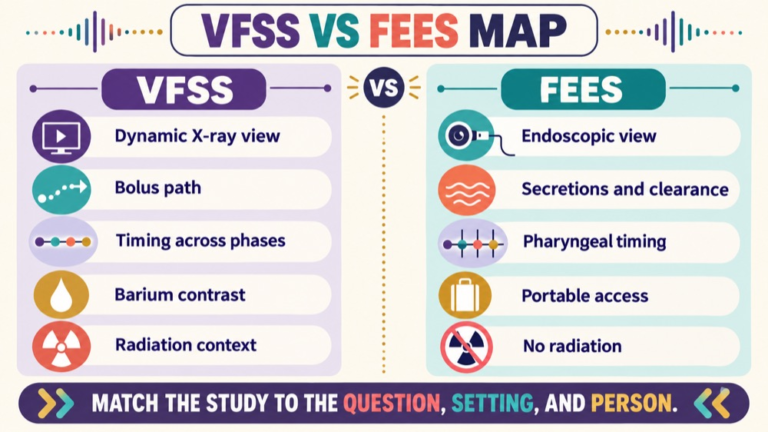 Vfss vs fees concept map showing the core domains and clinical questions