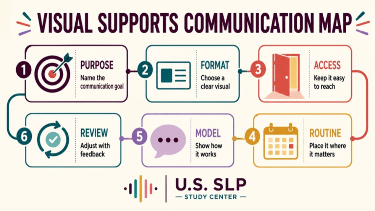 Visual supports communication concept map showing the core domains and clinical questions