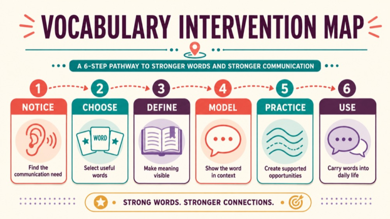 Vocabulary intervention concept map showing the core domains and clinical questions