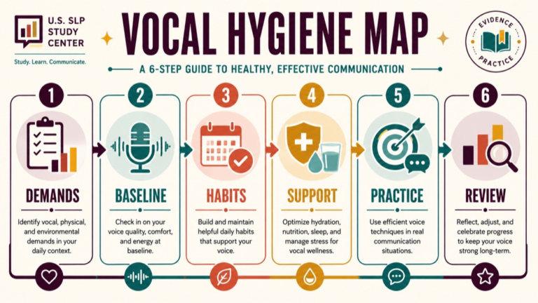 Vocal hygiene concept map showing the core domains and clinical questions