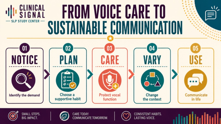 Vocal hygiene infographic showing context, evidence, and proportionate next steps