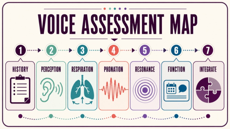 Voice assessment tools concept map showing the core assessment domains and clinical questions