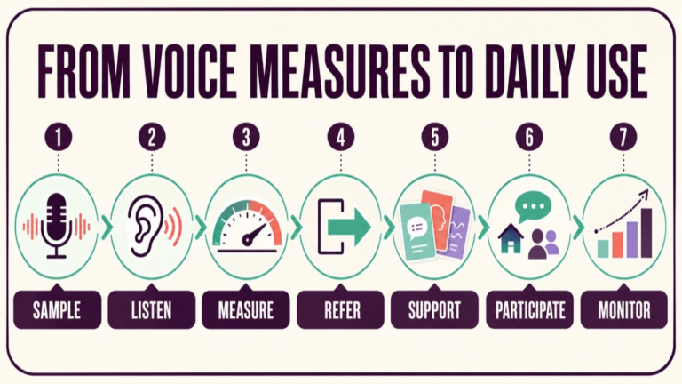 Voice assessment tools infographic showing context, evidence, and proportionate next steps
