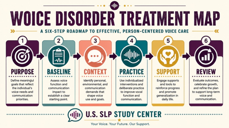 Voice disorder treatment concept map showing the core domains and clinical questions
