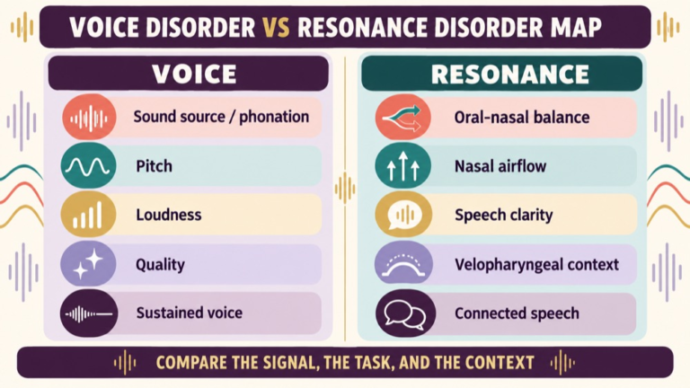 Voice disorder vs resonance disorder concept map showing the core domains and clinical questions