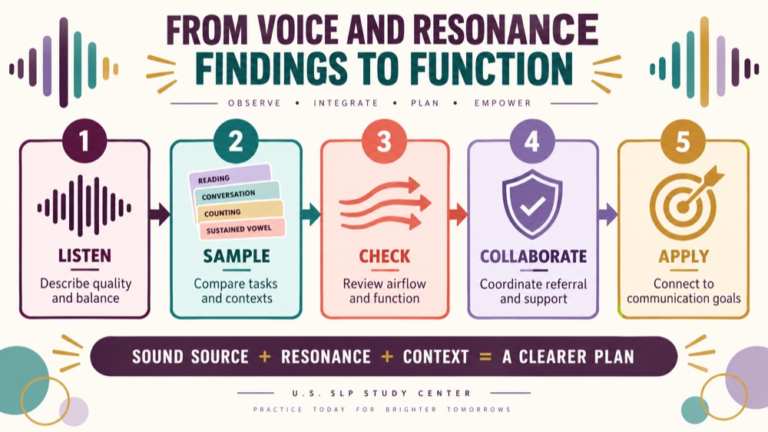 Voice disorder vs resonance disorder infographic showing context, evidence, and proportionate next steps