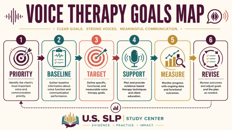 Voice therapy goals concept map showing the core domains and clinical questions