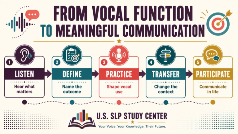Voice therapy goals infographic showing context, evidence, and proportionate next steps