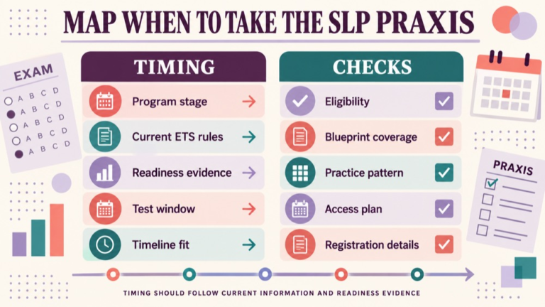 When should i take the slp praxis concept map showing the core domains and clinical questions