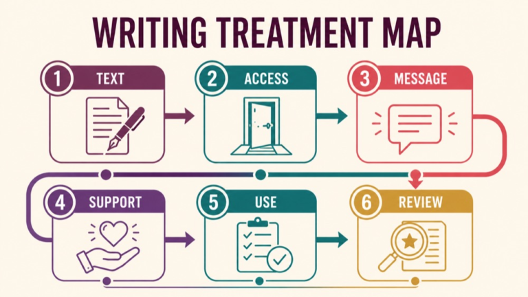 Writing treatment aphasia infographic showing context, evidence, and proportionate next steps