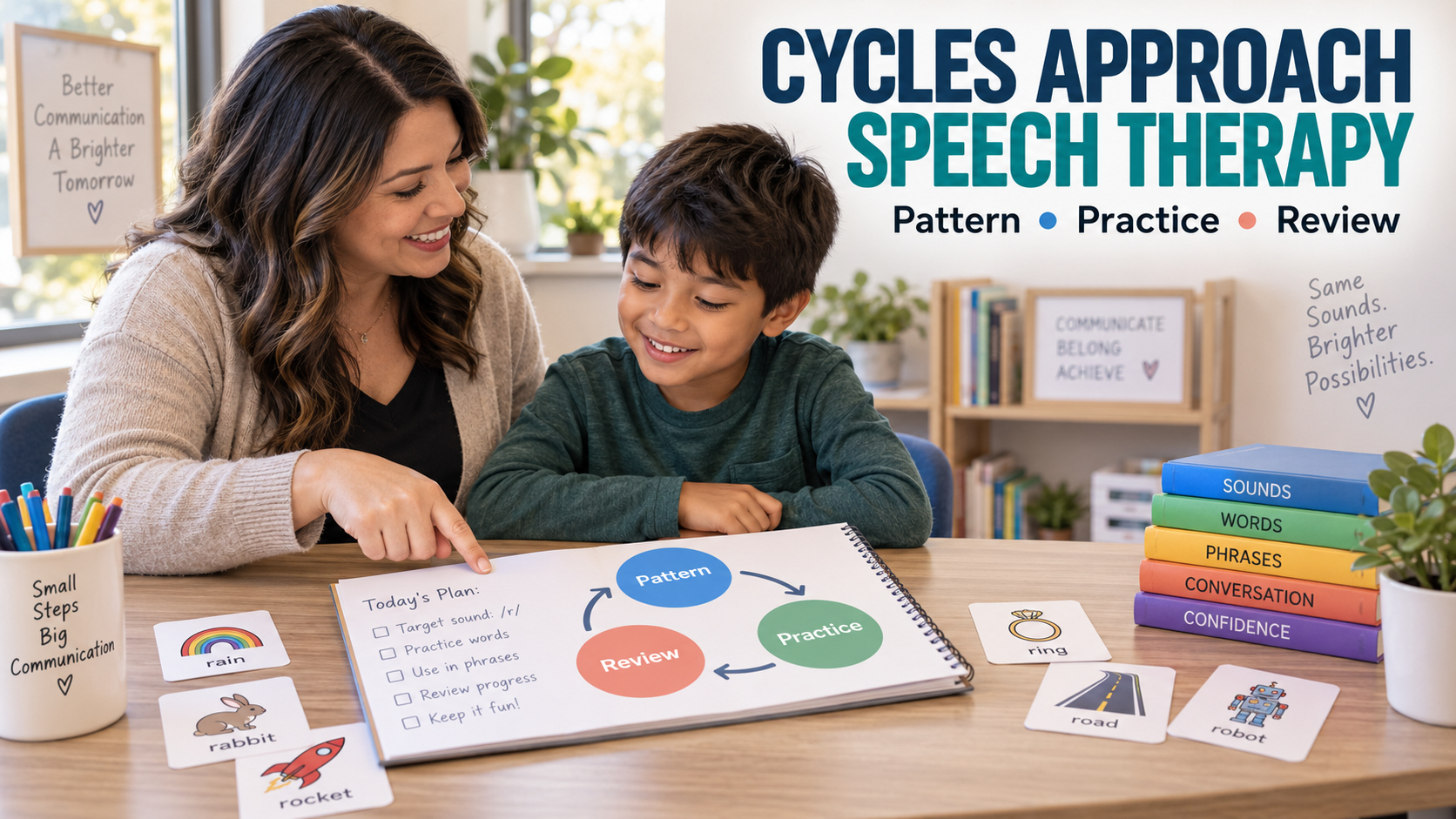 An SLP and learner reviewing a cycles approach speech therapy plan