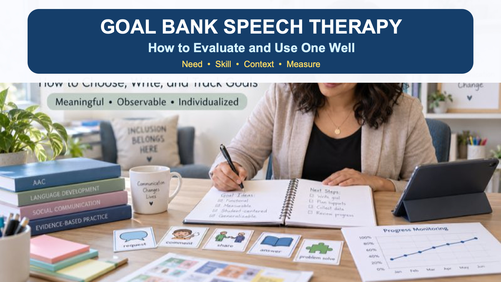 An SLP evaluating a goal bank for speech therapy