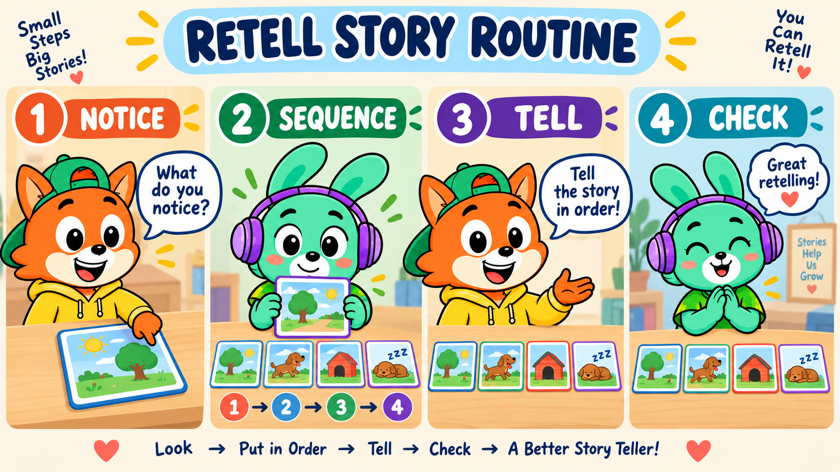 PIP and LUMA showing a retell the story routine