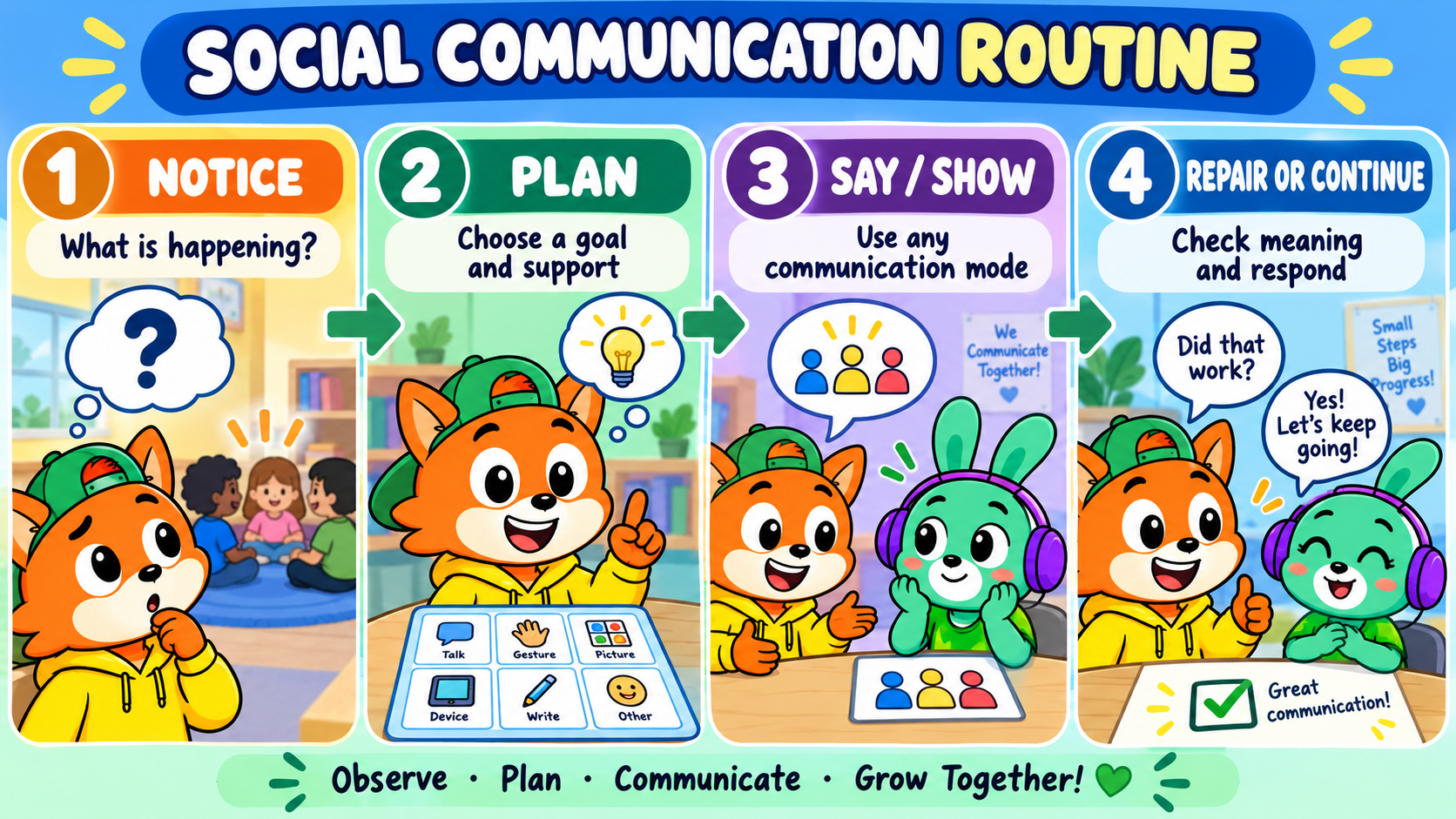 PIP and LUMA demonstrate a notice, plan, say, and repair social communication routine
