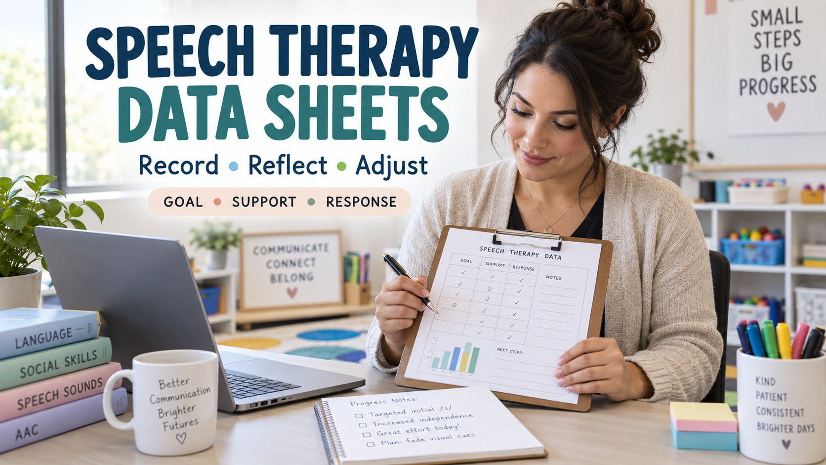 An SLP reviewing data collection sheets for speech therapy