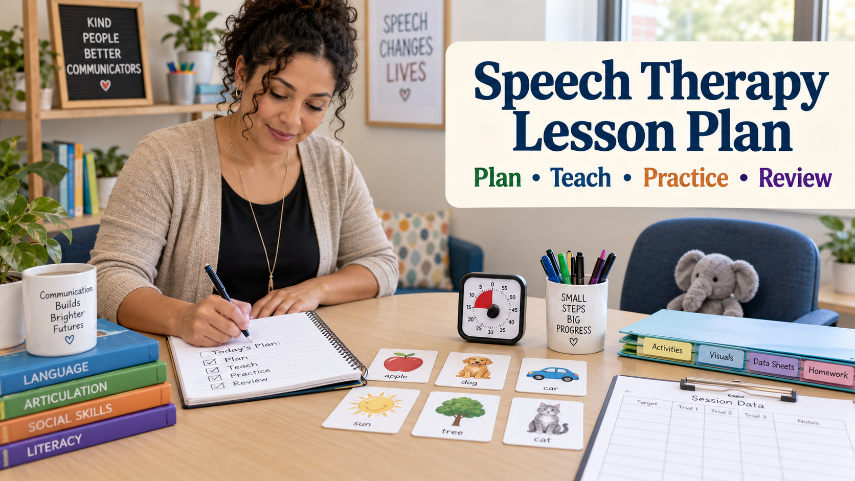 An SLP preparing an SLP lesson plan template with materials and data notes